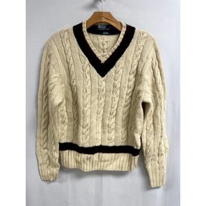 POLO RALPH LAUREN Cable Knit Hand Knit Tennis Sweater Cream Men's XXL/ SNUG FIT